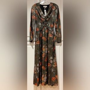 Anthropologie Dress Caballero Deep V-Neck Maxi Size XXS Long Sleeve Metallic NWT